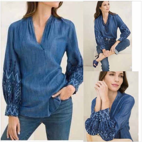 Chico’s Popover Tunic Chambray Embroidered Long Sleeve Boho . Size 0 - Picture 1 of 17